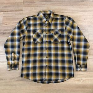 New Dixxon Men’s Flannel Fxck Cancer Gold Black Plaid Button Up Biker Punk Sz L